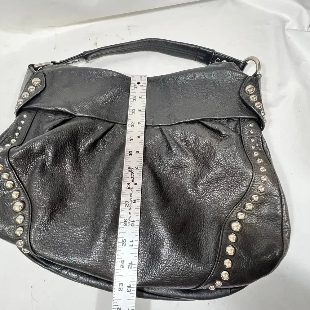 B. Makowsky Hobo Bag Purse Black Pebbled Leather Silver Studded Leopard Lining - Picture 10 of 11